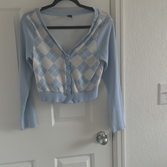 Blue and white checkered bottom up cardigan - Picture 2 of 3